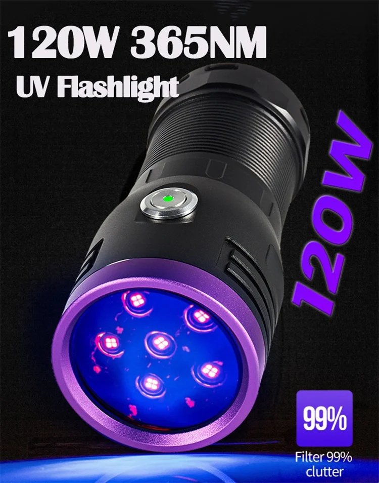 120W 80W 60W High Power UV Flashlight Type C Rechargeable Portable Waterproof 18650 UV Light Torch Wood s UV Flashlight