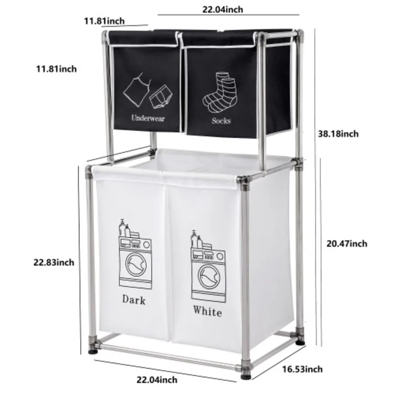 FENGSHUO 2-layer Basket Laundry Sorting Basket With 4 Detachable Bags For Sorting Organizing And Clothes Dirty Clothes