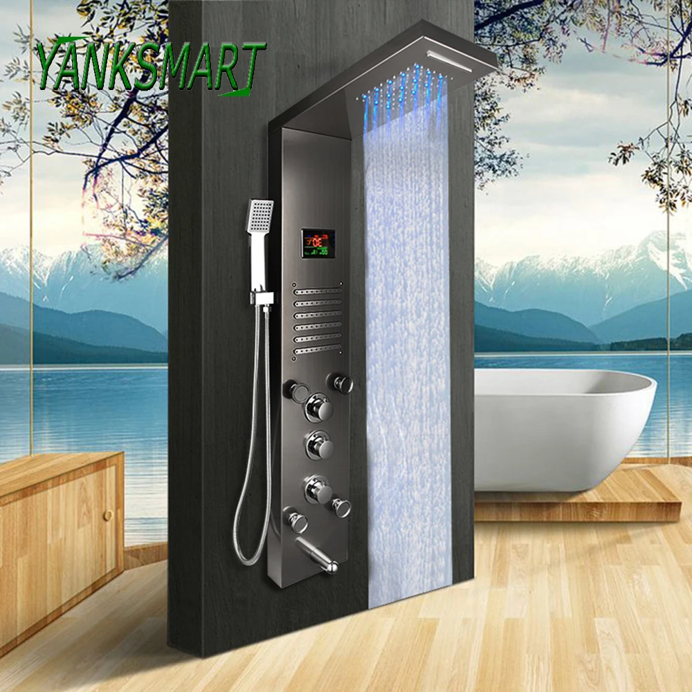 YANKSMART LED Bathroom Shower Faucet SPA Massage Jet Digital Display Shower Panel Column System Waterfall Rain Bidet Sprayer Tap