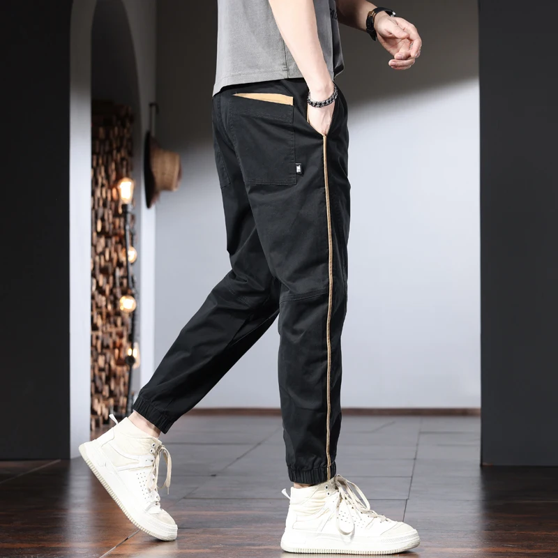 Fashion Side Stripe Casual Pants Men Summer Black Cotton Elastic Waist Drawstring Joggers Trousers