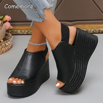 Fish Mouth Chunky Platform Sandals for Women Thick Sole Wedge Sandals with Elastic Band Summer Fashion High Heel Sandalias Mujer
