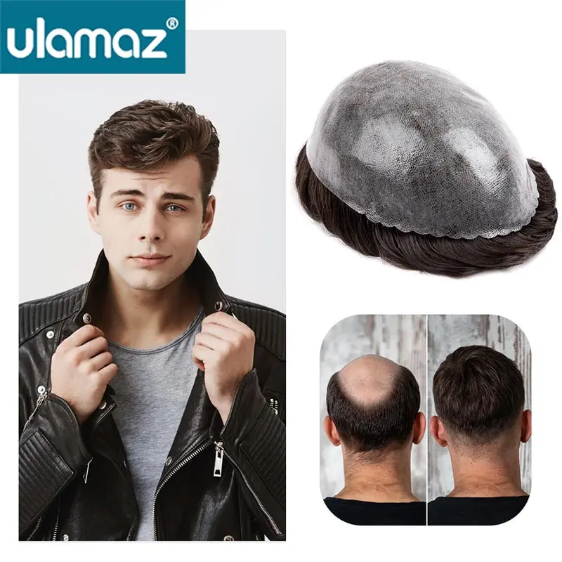 Mens Toupee Microskin Male Hair Prosthesis Knotless Man Wig 0.1-0.12mm Full Skin Hair System For Men Natural Wigs Human Hair thin skin mens toupee full pu toupee for men blonde color 22 human hair hairpiece replacement system men hair10”x8 base size