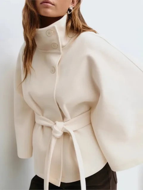 Casual Y2K Coats Women's Autumn Winter New Fashion Solid Color Cloak Stand Collar Button Belt Windbreaker Jacket Women Clothes 3