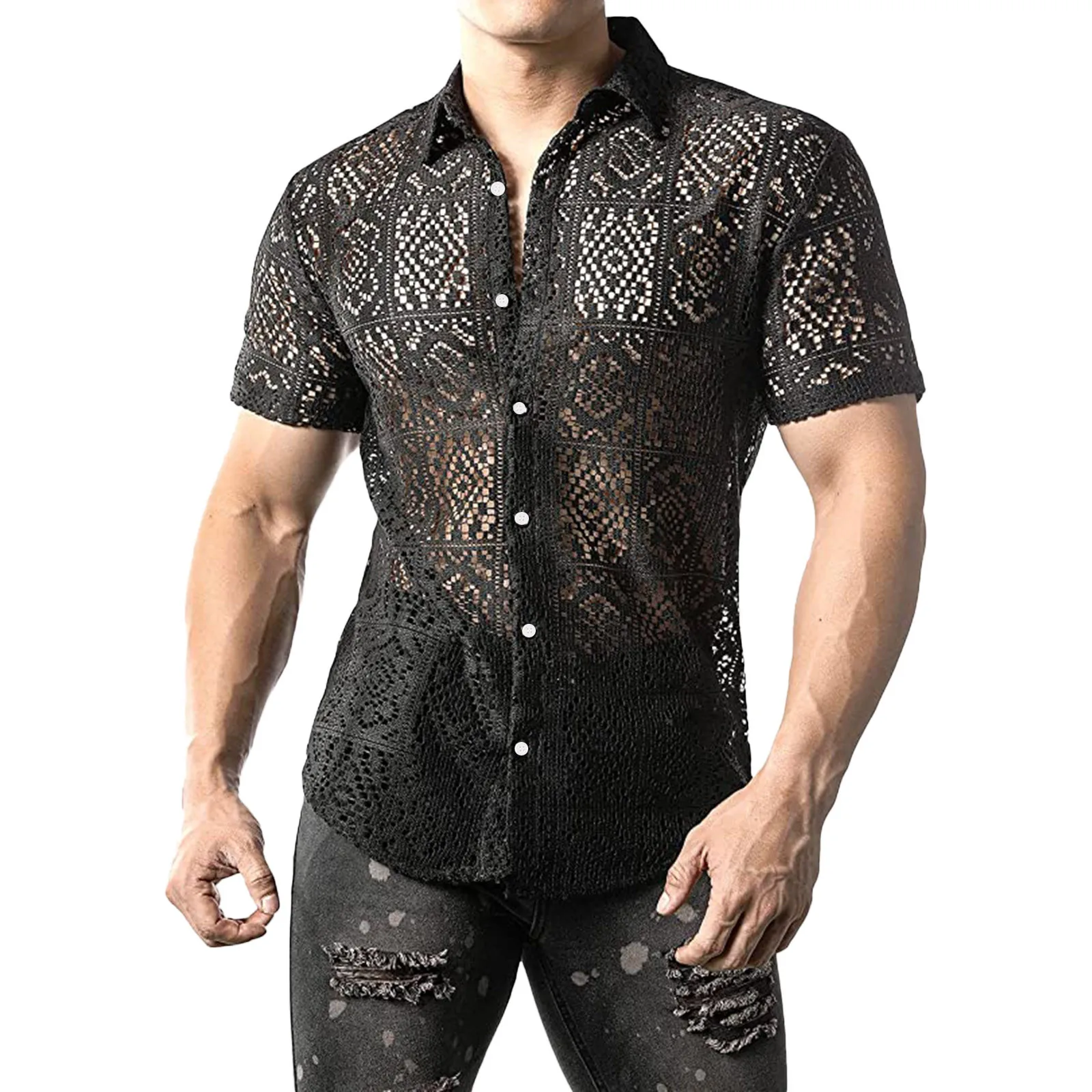 

Mens Fishnet Shirt Loose Top Summer Flower Lace Button Short Sleeve Silk Geometic Hollow Out Shirts See Though Outfits Nightclub
