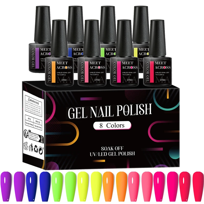 Juego de 8 esmaltes de uñas de gel fluorescentes, decoración de uñas de primavera y verano, suministros de manicura semipermanentes UV LED para salón, diseño DIY