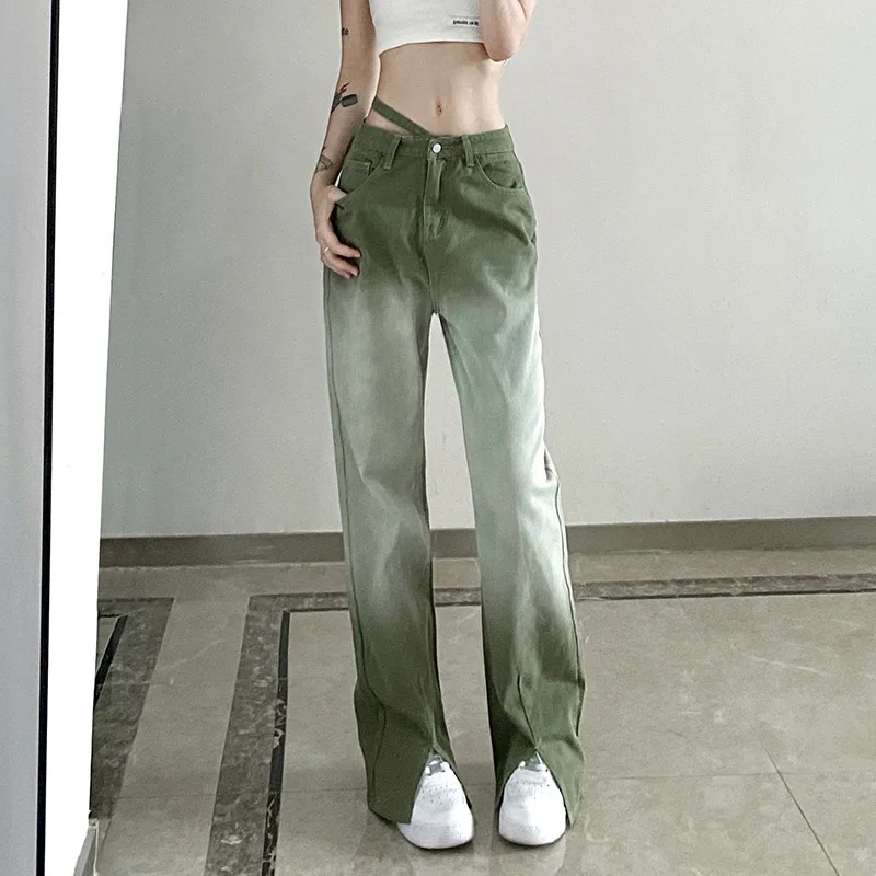 Women 2021 European and American Fashion Personality Asymmetrical Belt Tie-dye Gradient Color Straight Casual Denim Trousers