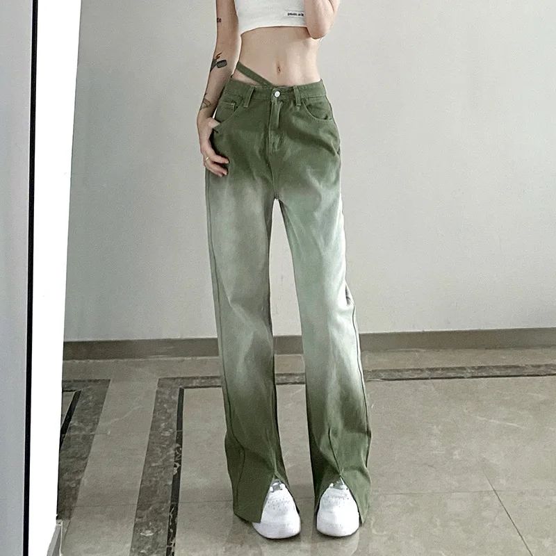 Women 2024 European and American Fashion Personality Asymmetrical Belt Tie-dye Gradient Color Straight Casual Denim Trousers