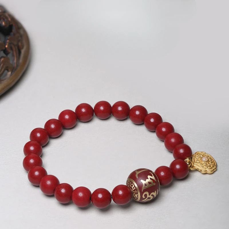 Bracelet Men's and Women's Six-Word Mantra Red Beads Necklace with Safety Lock Pendant Simple Fashion Retro New Chinese Style
