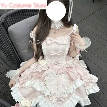 Yu Japanese Sweet Lolita Jsk Dress Women Kawaii Vintage Elegant Bow Ruched Princess Strap Dress Harajuku European Clothing