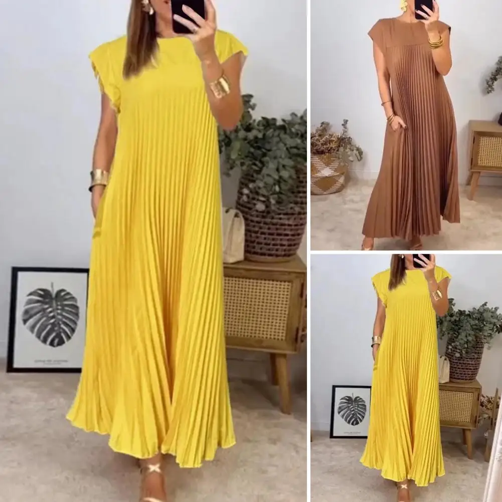 

Solid Color Dress Elegant Maxi Dress with Side Pockets for Women Breathable A-line Summer Dress for Commute Vacation Pleated