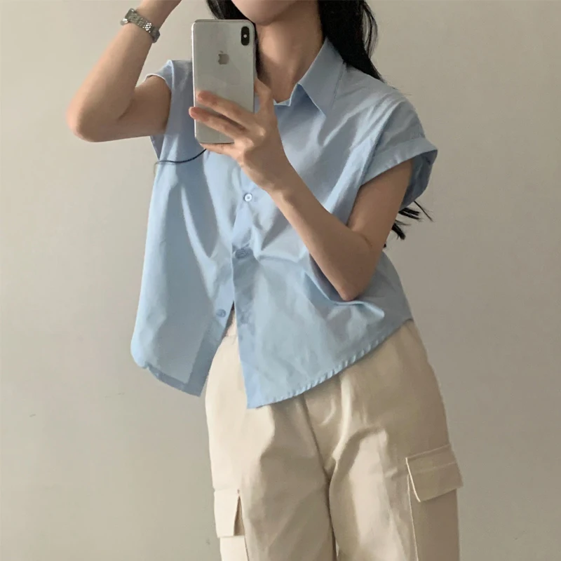 Women's Fashion Summer Turn Down Collar Roll-Sleeved Shirt Short Sleeve Blouse Blue Tops Casual Clothes 8508