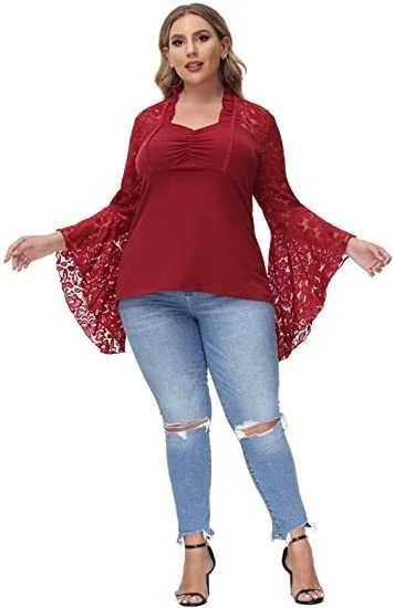 Plus Size Women Blouse Retro Lace Flared Sleeve T-shirt Fashion Casual Solid Color Long Sleeve Tops Elegant Large Size Shirts