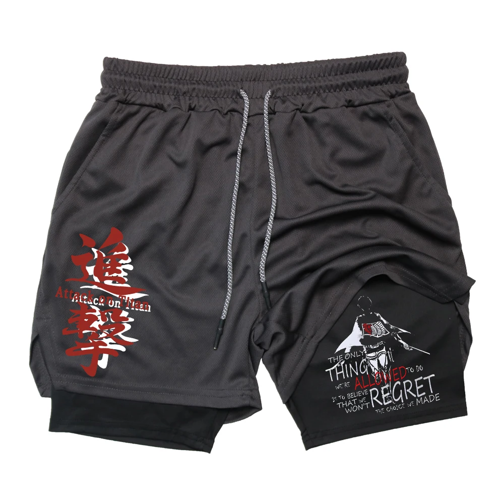 Pantaloncini Da Palestra Da Uomo Anime Attack On Titan Bilayer 2-In-1 Traspirante Ad Asciugatura Rapida Tasche Multiple Sport Pantaloni Da Jogging Cor