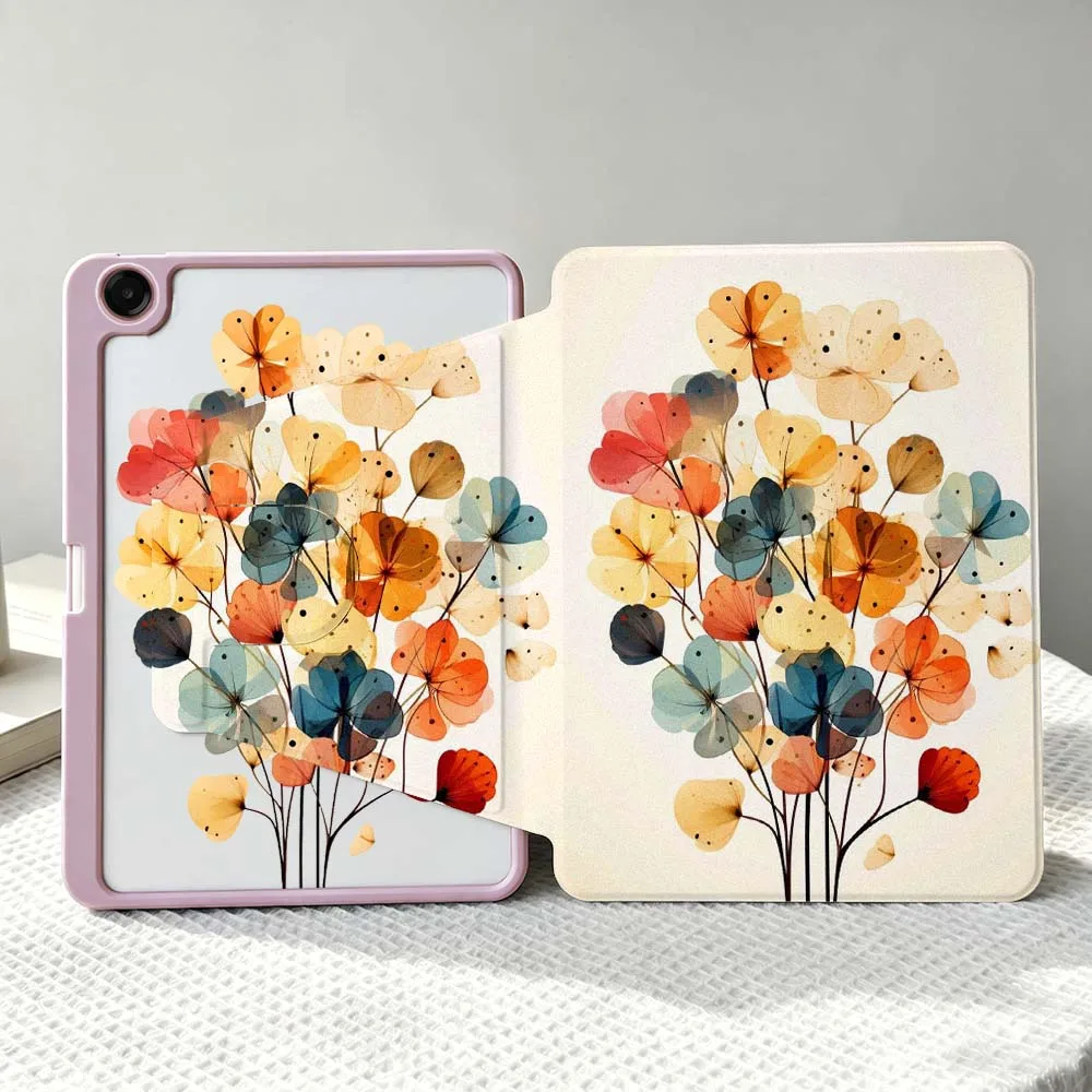 Artistic Floral Pattern 360° Rotation Tablet Case with Stylus Storage - Soft Cover