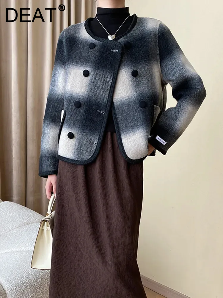 

DEAT Fashion Women Woolen Coat Round Collar Contract Color Double Breasted Loose Shoet Thick Warm Coats Winter 2023 New 7AB1857