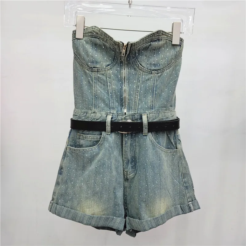 

Korean Chic Off Shoulder Strapless Denim Street Jumpsuit Shorts Give Belt Women 2024 Spring Summer