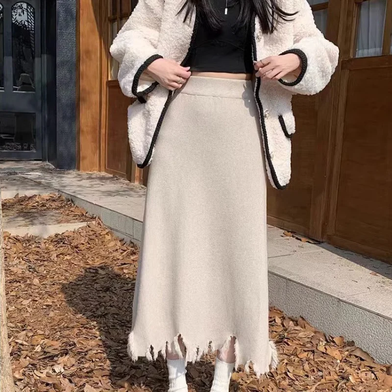 

Autumn Winter Midi Long Tassels Knitted Skirt Women 2023 Fashion All Match High Waist A-Line Skirt Female Slim Cashmere Skirts