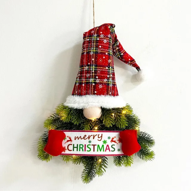 Christmas Wreath Gnome Hat Wreath with Light Glowing Garland for Front Door Hanging Ornament Window Restaurant Home Decor 1