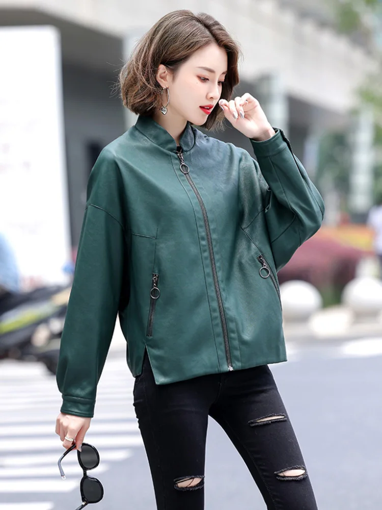 New Women Casual Leather Jacket Spring Autumn Fashion Batwing Sleeve Oversized Sheepskin Jacket Loose Split Leather Outerwear
