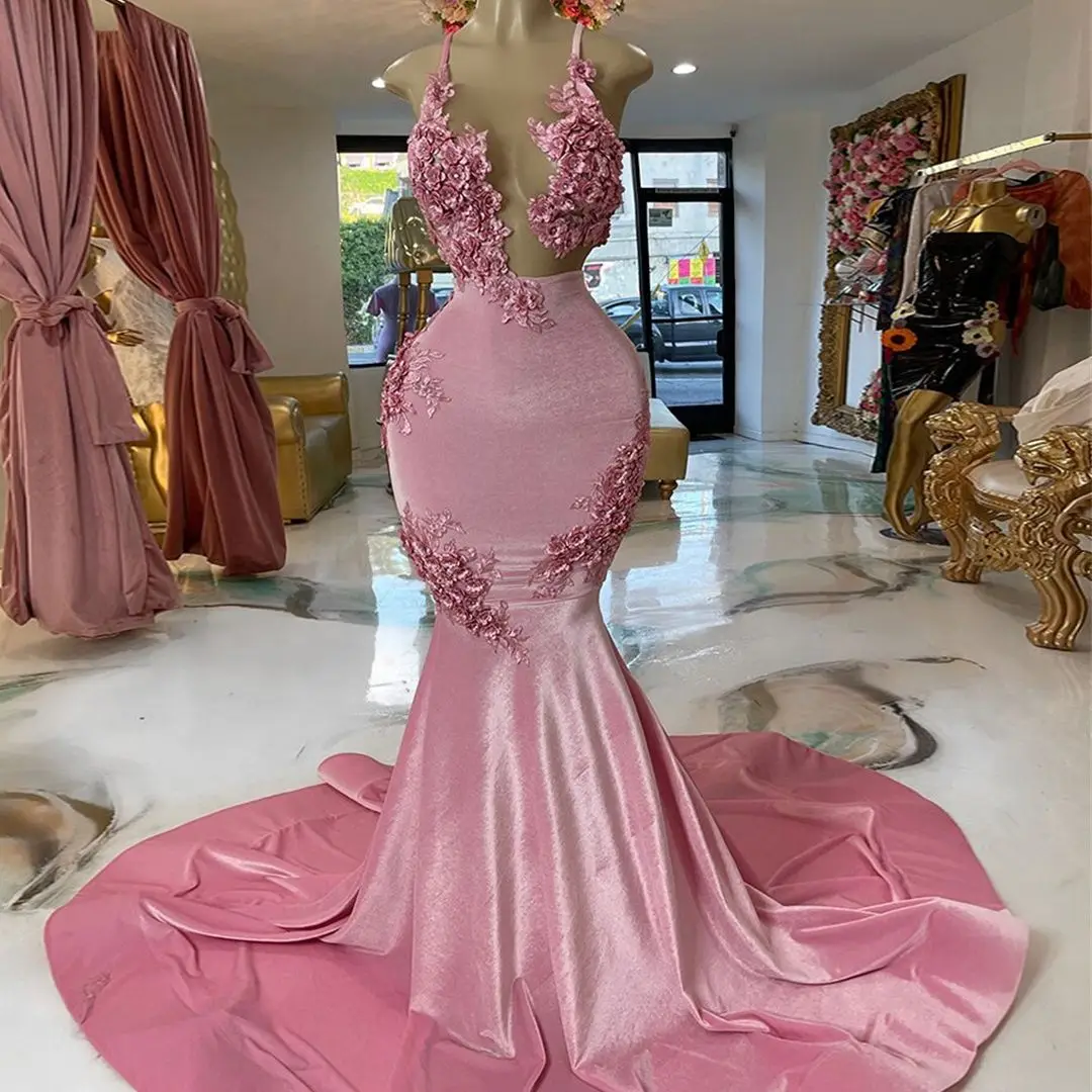 Fashion Pink Mermaid Wedding Dress Sexy Openwork Suspender Flower Lace Party Gown Pull-Pleated Fishtail Corduroy Fabric