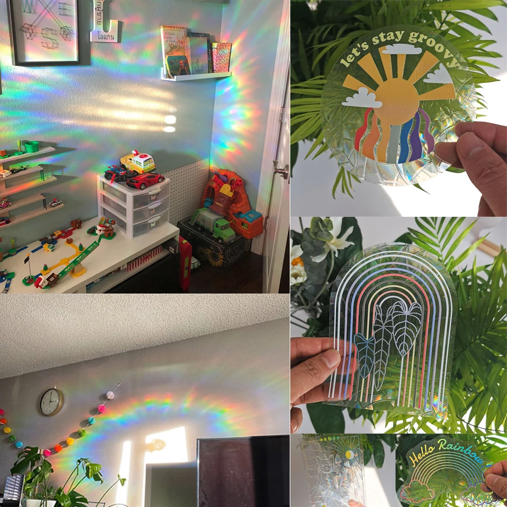 Rainbow Sun Catcher PVC Self Adhesive Glass Window Stickers Cat Leaf Suncatcher Wallpaper Rainbow Prisms Sticker Home Decor window stickers