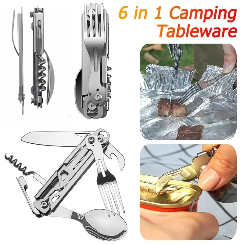 Camping Cutlery Set Portable Folding Stainless Steel Knife Fork Spoon Can Opener