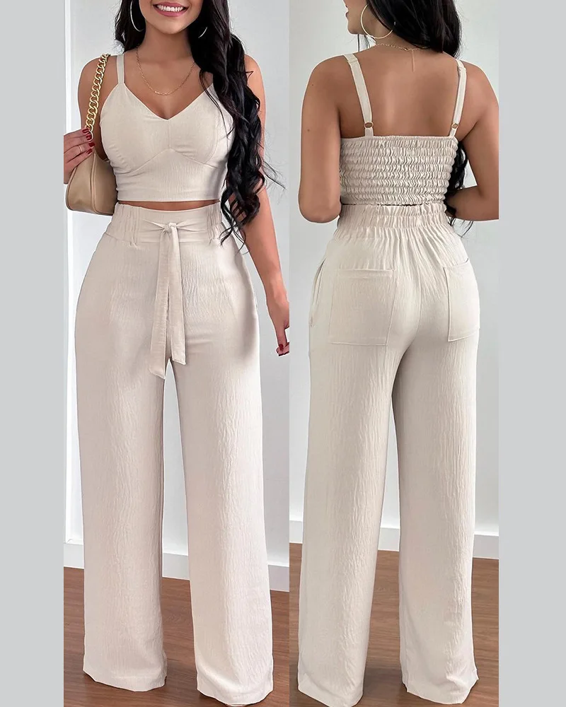 

2023 Spring New Women's Casual Pants Set, Temperament Solid Color V-neck to Beat the Suspenders Top + Pants on 2 Sets