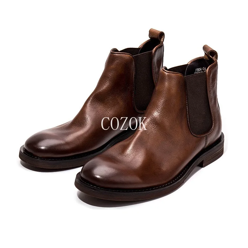 

Classic Round Toe Brown Martin Boots Men's Vintage Chelsea Boots Genuine Leather Casual Shoes