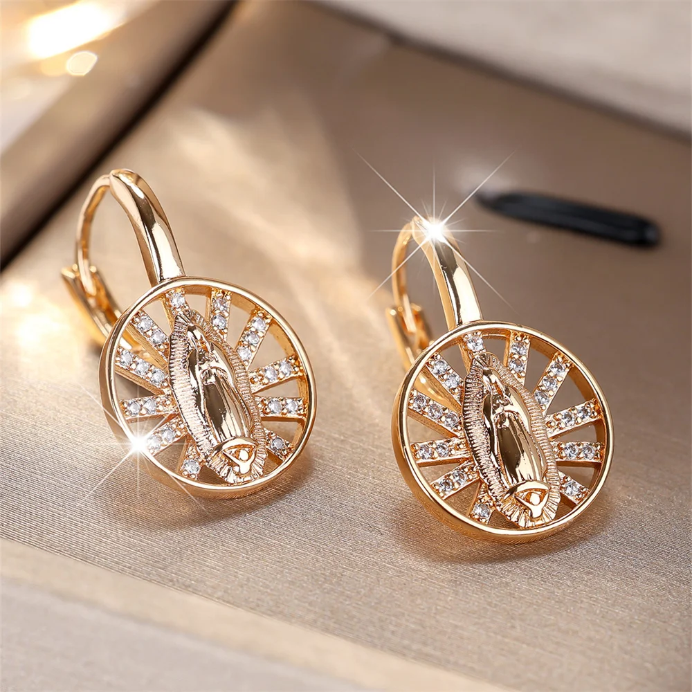 White Zircon Round Hollow Hoop Earrings For Women Vintage Gold Color Luxury Crystal Ear Buckle Wedding Jewelry Versatile Gifts