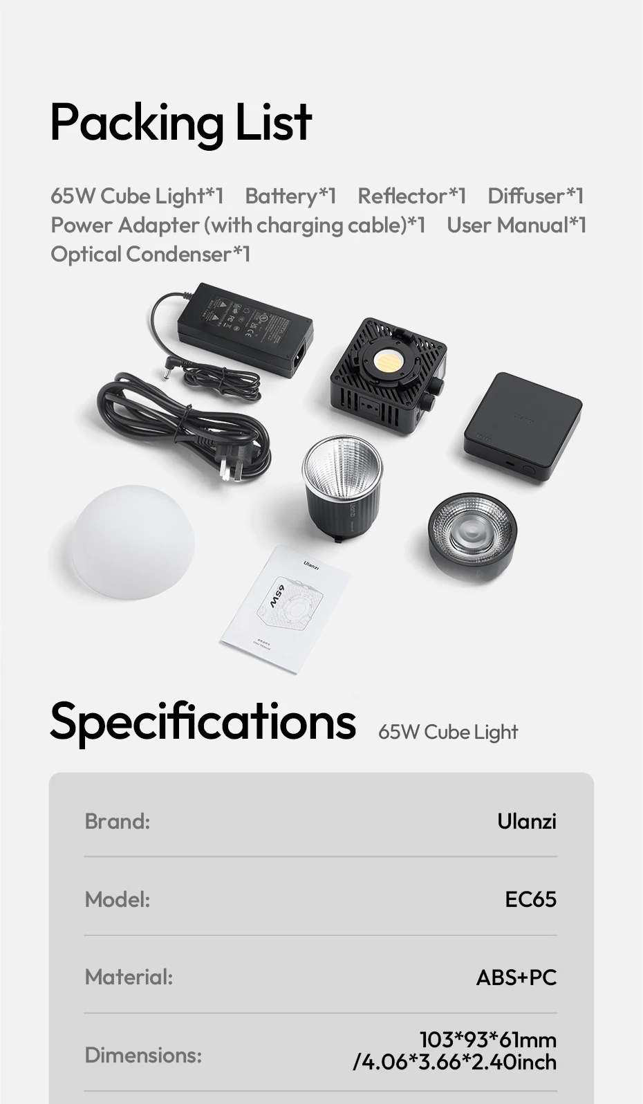 65W Cube Light COB Light 2700-6500K Mini Bowens Mount COB Video Light Support Re