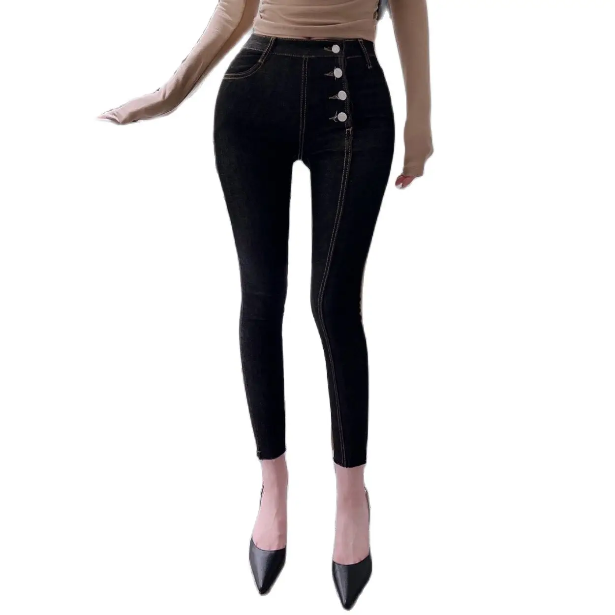 

Black Denim Pants Korean Fashion Women Pencil Pants Bias Buttons Cotton Spandex High Waist Retro Fashion Jeans for Lady