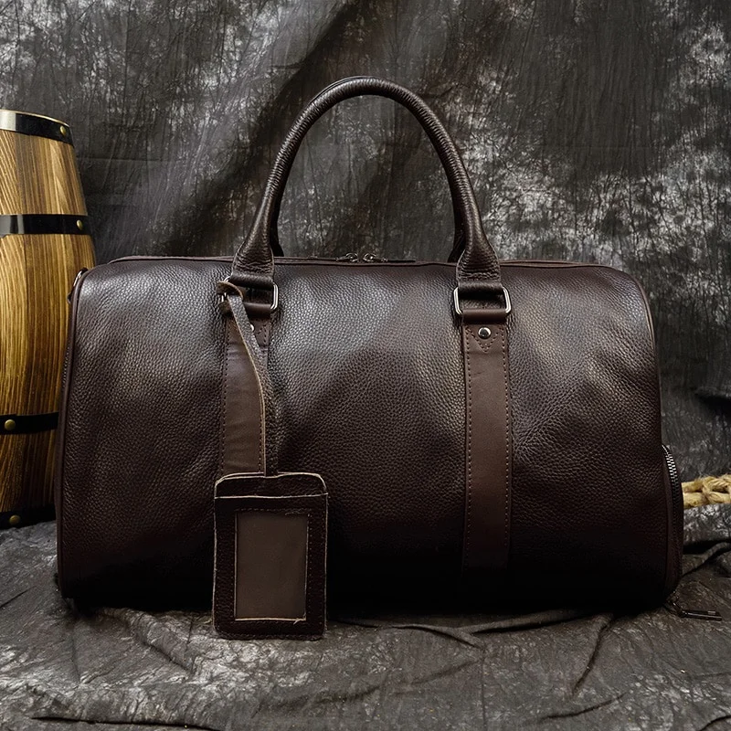 Genuine Leather Men Travel Tote Bag Soft Cowhide Leather Luggage