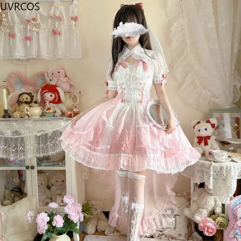 Pink Kawaii Gradient Color Lolita Dress Women Sweet Slim Bandage Bow Flower Dresses Female Vintage Elegant Fairy Party Dress Set