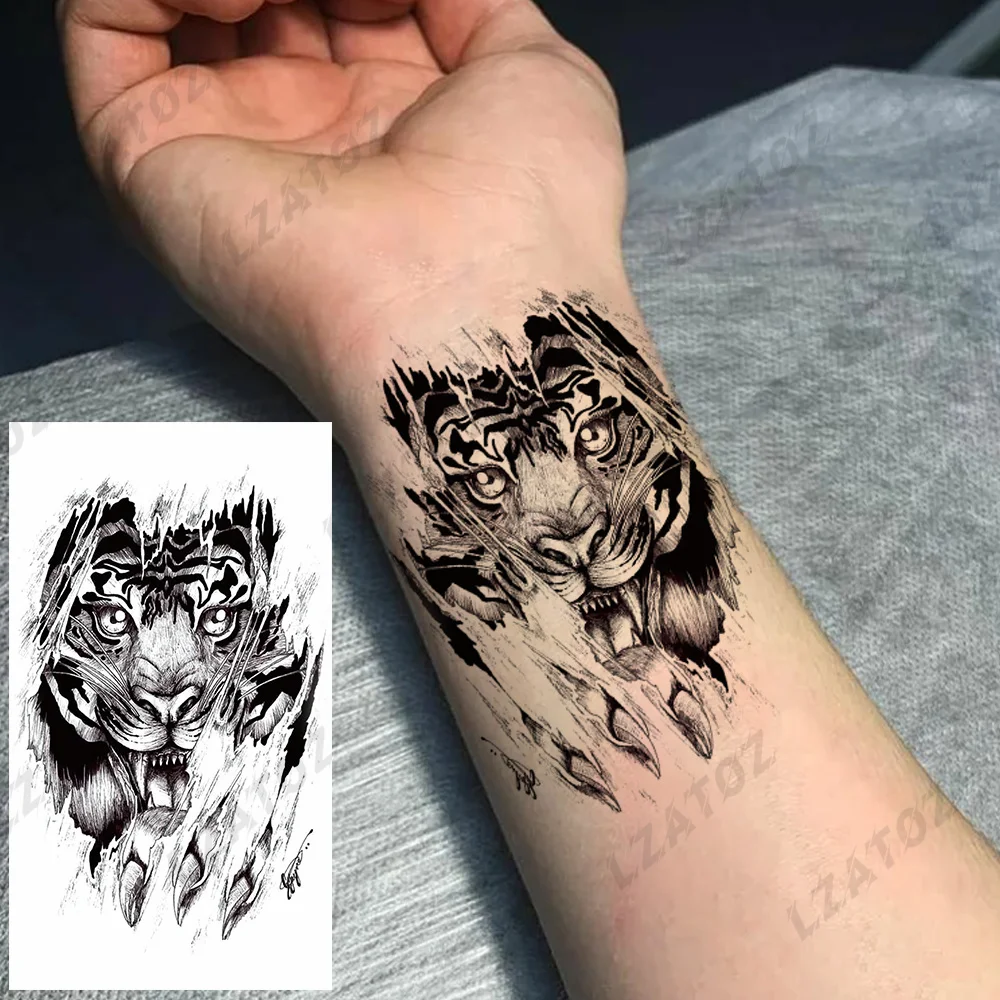

Black Tiger Animal Temporary Tattoos For Men Adult Realistic Skull Flower Snake Lion Fake Tattoo Sticker Washable Hand Art Tatoo