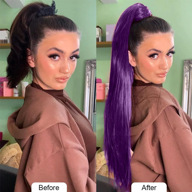 32inch Long Purple Hair Ponytail Extension Wig Straight Ponytail Hairpiece with Rubber Band for Women Daily Party Use Purple Wig
