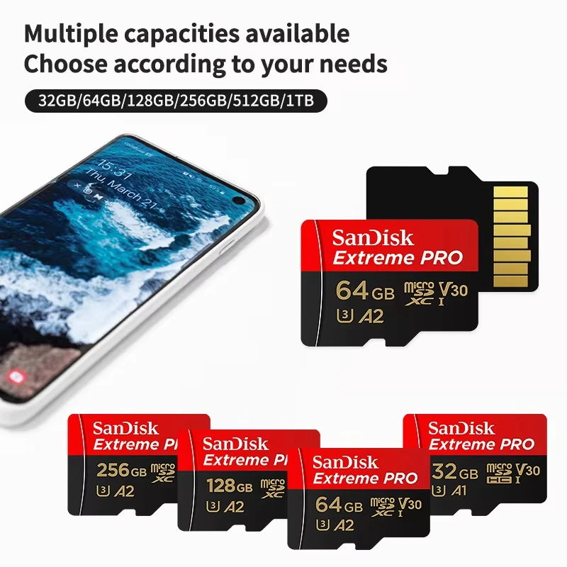 SanDisk A2 마이크로SD 카드 U3 V30 클래스 10 200MB/s 읽기 속도 TF 플래시 메모리 카드 32GB 64GB 128GB 256GB 512GB