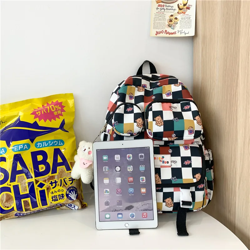 Waliicorners Fashion Kawaii Female Laptop Backpack Lady College Backpack Girl Cute Lattice Waterproof Print Travel Bag 14 S27cc0fae90d04df69d5f99debd246519e