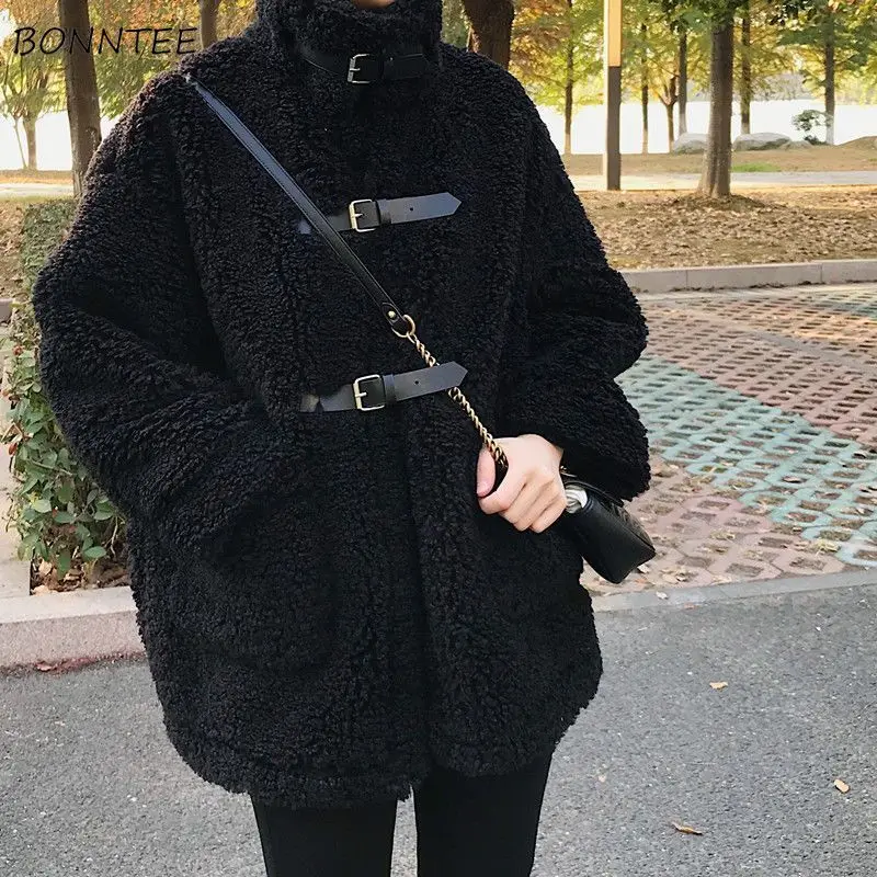 

Winter Coats Blends Women Warm Stand Collar Korean Style College Fashion Popular Daily All-match Baggy Female Leisure Pockets