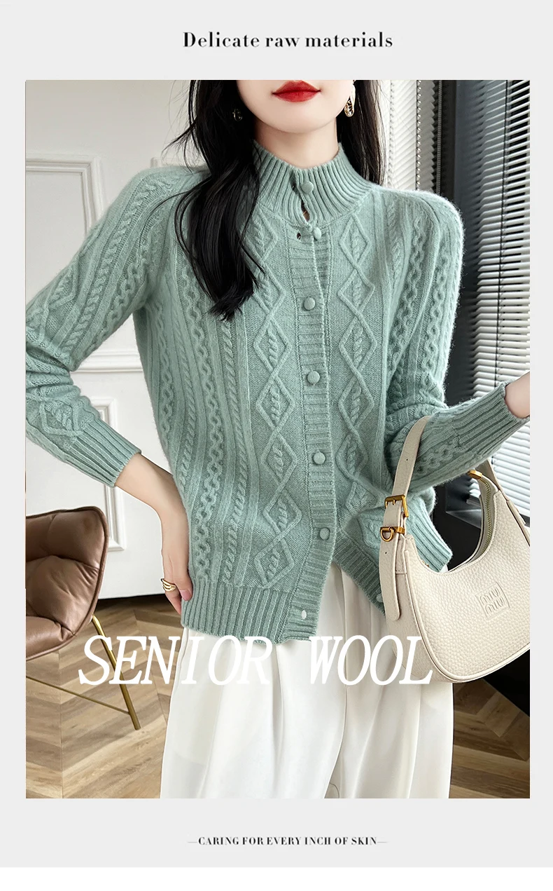 100% Wool Cashmere Cardigan Autumn Winter New Half High Collar Twist Coat High-End Knitwear Sweater Shirt Loose Women Thick Tops