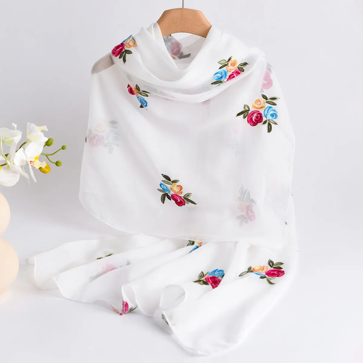 Latest Fashion Embroidery Floral Long Scarf Hijab Woman Shawl Summer Solid Color Wraps For Ladies Stole Headband 2025