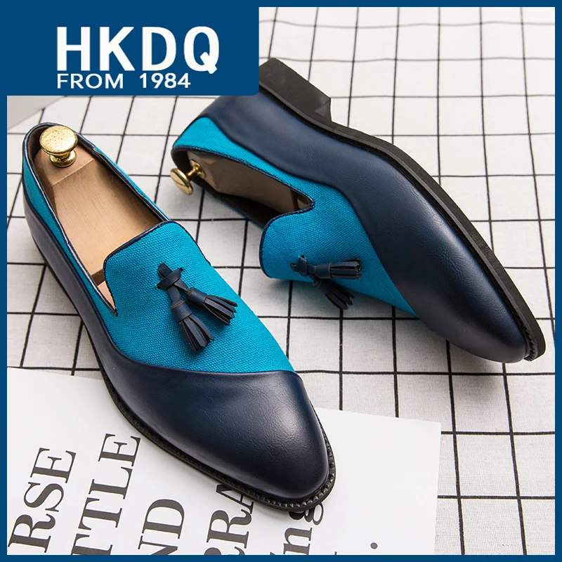 

HKDQ Fashion Blue Dress Shoes Man Tassels Leather Loafers Men Business Casual Slip-on Men's Formal Shoes Trendy Social Shoe Male