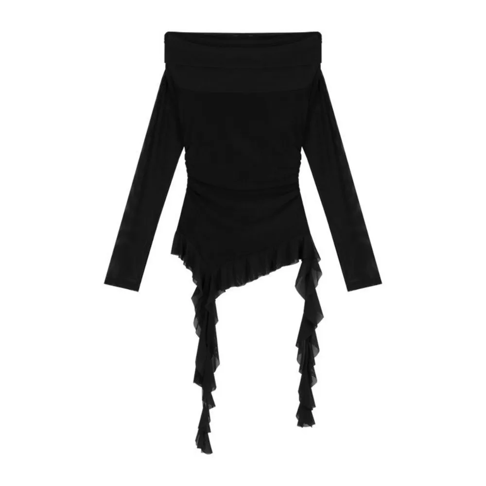 Streetwear Jellyfish Mesh Belt T-Shirt Elf Long Sleeve Off Shoulder Collar Slim Fit Crop Tops Korean Y2K Ins Transparent