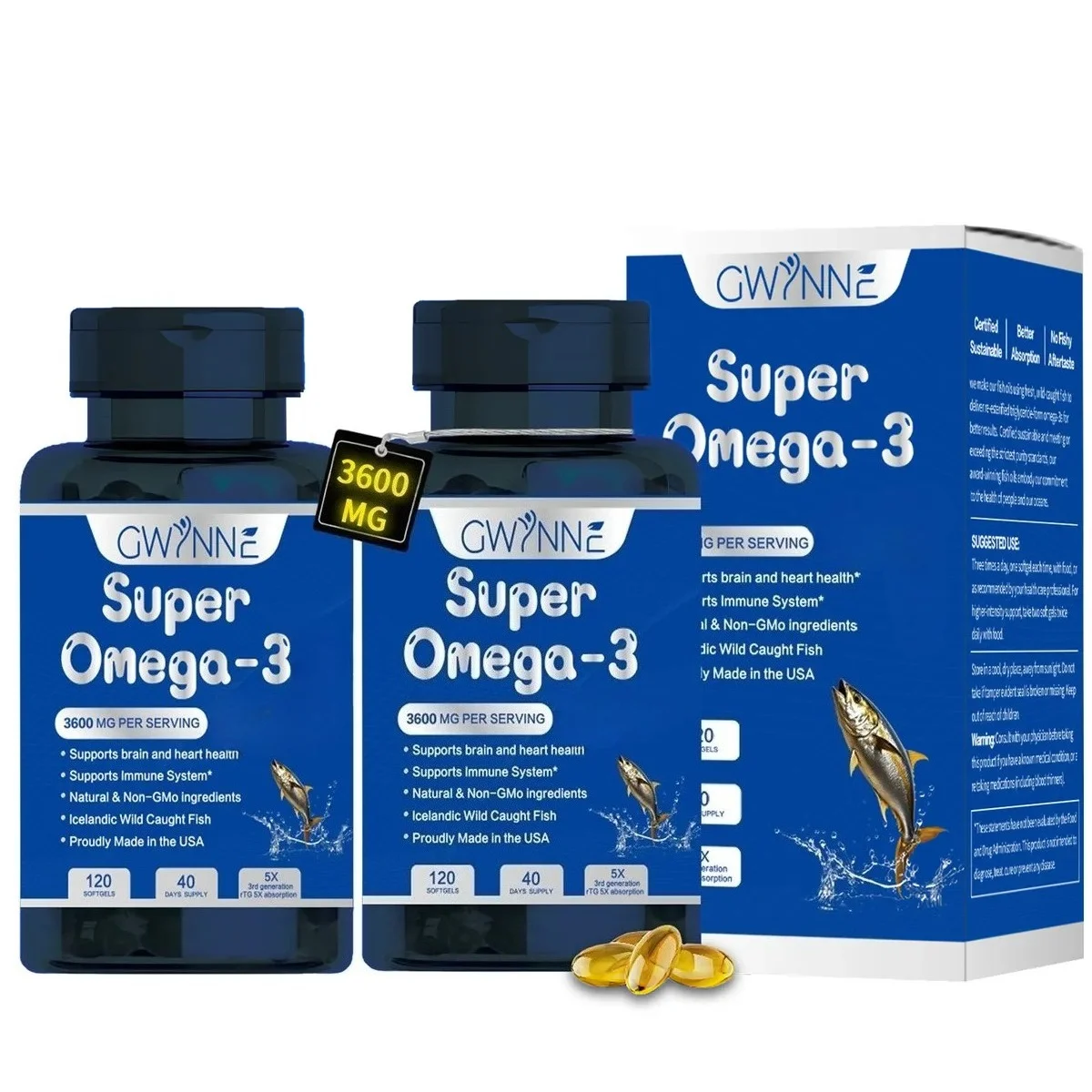 Gwynne Super Omega-3Premium–Aceite de Pescado Salvaje de Islandia–3600mg por–120Cápsulas Frascos – Fuente Natural de EPA y DHA