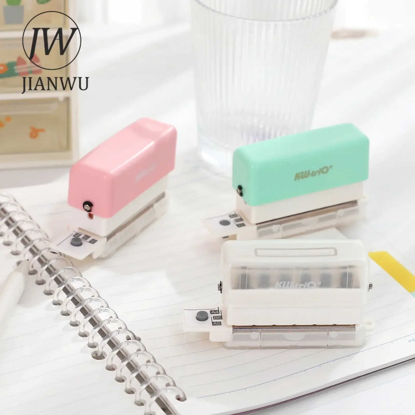 

JIANWU Cute Mini 6 Hole Stapler Portable Multifunction Student Notebook Punch Machine Office Binding Supplies Kawaii Stationery