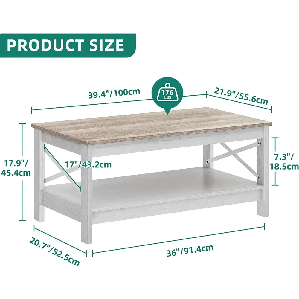Table 2-Tier Wood Center Table with Storage Shelf for Living Room, Gray, 39.7" 6