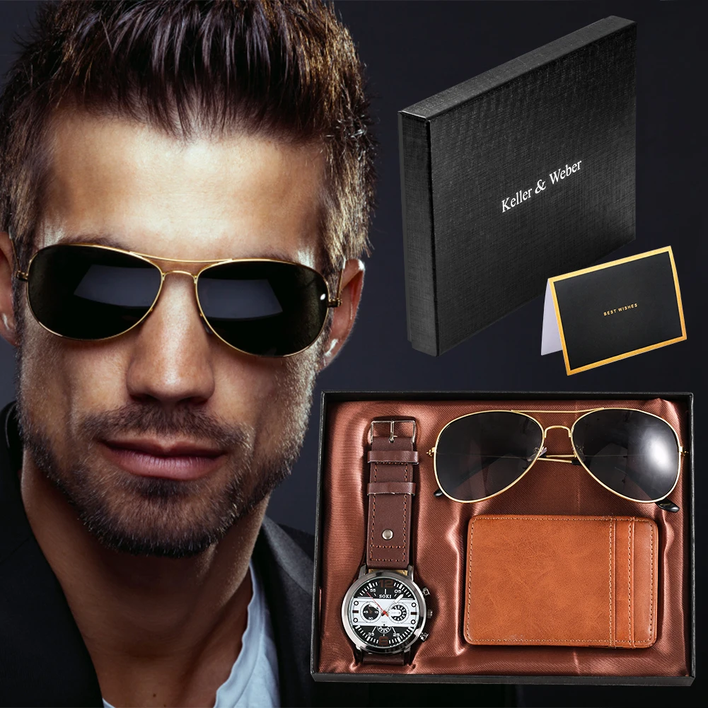 Watch for Men Luxury Business Quartz Wristwatch Black Gifts for Men Husband Boyfriend Sunglasses Card Holder Relogio Masculino