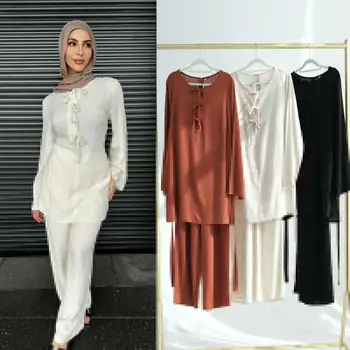 Women Muslim Top Shirt Pants Trousers Sets  Arab  Long Sleeves Solid Color  Ramadan Clothes