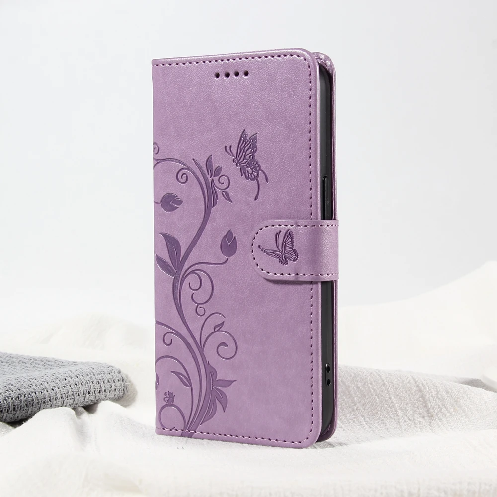 Elegant Butterfly Flower Leather Magnetic Flip Wallet Case - Premium Design
