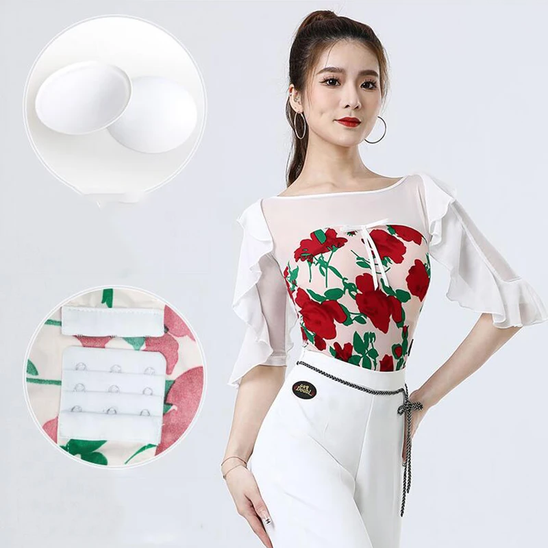 

2023 New Women's Latin Dance Tops Clothes National Standrad Ballroom Leotard Wear Ruffle Sleeve Waltz Blouse Stage Dancewear