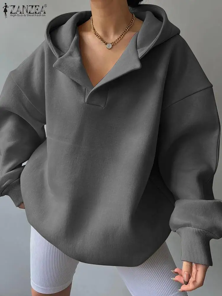 

Пуловер ZANZEA оверсайз с длинным рукавом, топы, женская Повседневная Толстовка с капюшоном, свободная однотонная осенняя одежда 2023, модные спортивные толстовки BF